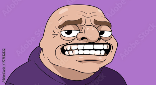 ugly bald man with big teeth and wrinkled face, looking crazy and funny. Flat vector illustration for meme, avatar, social media