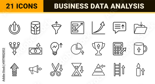 Minimalist business growth and market trend data analysis line icons.