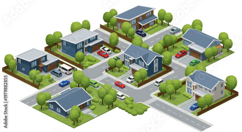 Suburban Neighborhood Residential Houses Street View Isometric Illustration.