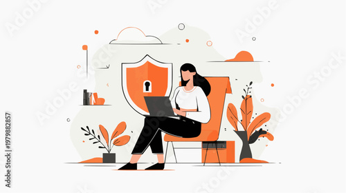 Flat vector illustration of a woman using a laptop with a shield and lock, suitable for cybersecurity articles, data protection websites, or privacy campaigns.