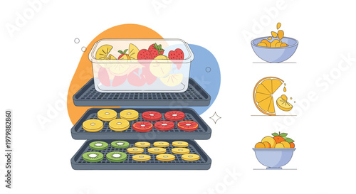 Set of illustrations showing the process of dehydrating fruit with a food dehydrator and various bowls of fresh fruit.