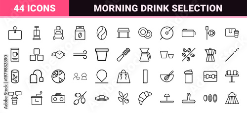 Hot beverage and coffee cafe outline icon set in minimalist style