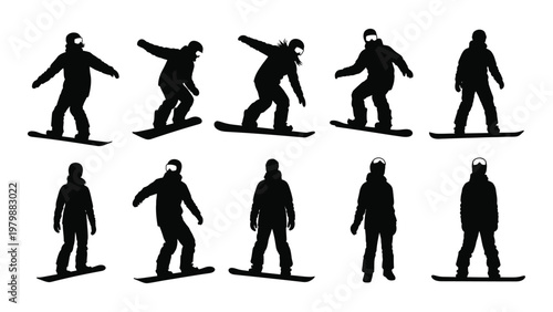 A collection of black silhouettes depicts snowboarders in various dynamic poses and stances against a stark white background high quality professional
