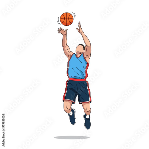 Athletic basketball player jumping and shooting a ball, dynamic action pose, isolated on white