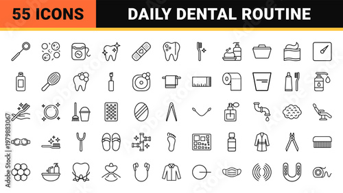 Dental hygiene and personal care icon set in minimalist outline style.
