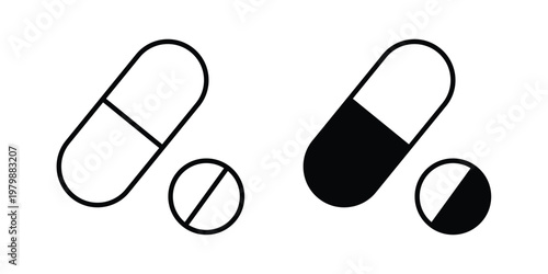 Medicine pills icon. Flat and outline icons. Black icons