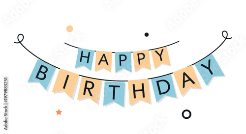 Simple and charming happy birthday banner with colorful flags and letters hanging on a string on a clean white background.