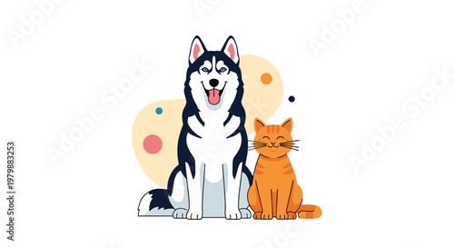 Cute illustration of a happy siberian husky dog and a ginger cat sitting together as best friends on a simple background.