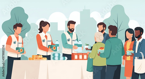 Volunteers distributing food and supplies to a diverse group of people, representing community support and humanitarian aid