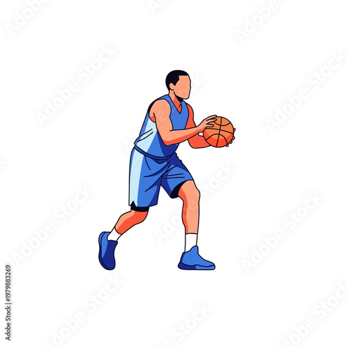 Basketball player dribbling ball in blue uniform, isolated on white background, dynamic pose