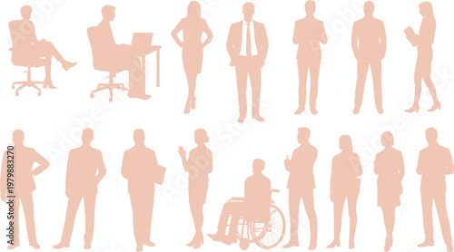 Professional office silhouettes, diverse workplace figures, business people poses, inclusive design, flat vector illustration