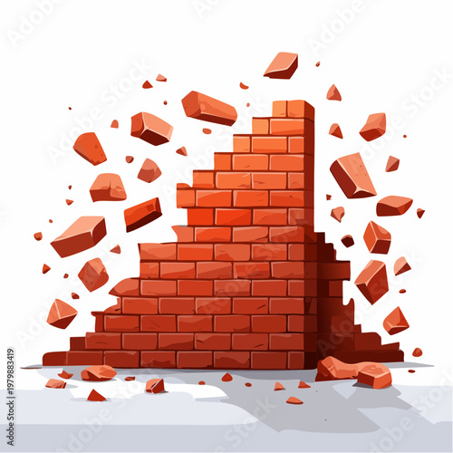 Demolishing brick wall with falling bricks and debris, conceptual image of destruction and reconstruction