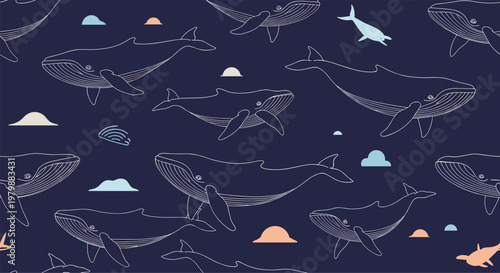 Seamless pattern of hand-drawn outline whales swimming among cute simple clouds on a dark blue underwater background.