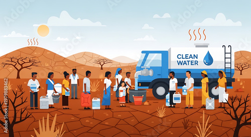 Community receiving clean water from a truck in a dry, arid landscape