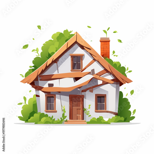 Charming dilapidated cottage surrounded by lush greenery and organic foliage