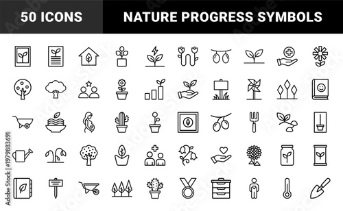 Minimalist plant and agricultural growth line icon set