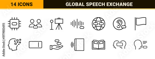Language translation and global communication line icon set
