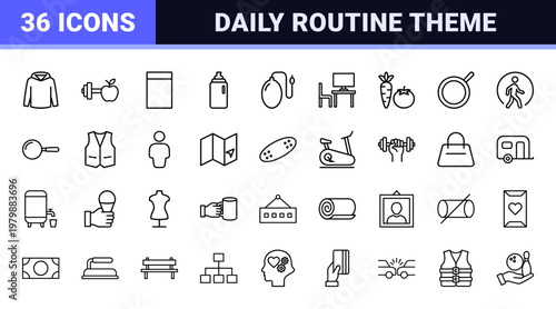 Minimalist healthy lifestyle and daily routine line icons