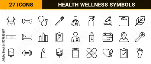 Healthcare and medical line icons for wellness and fitness services