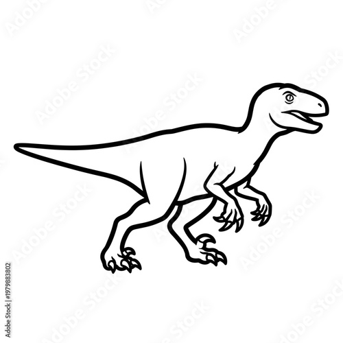 A black and white line art illustration of a raptor dinosaur, depicted in a cartoon style, standing with its mouth slightly open.