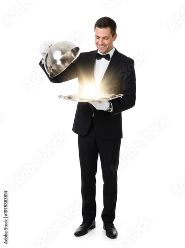 Smiling man holding a spotlight and a reflecting bowl.