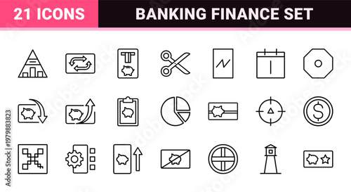 Minimalist finance and banking line icon set for commercial business design.