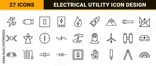 Electricity and energy line icon set in minimalist black style