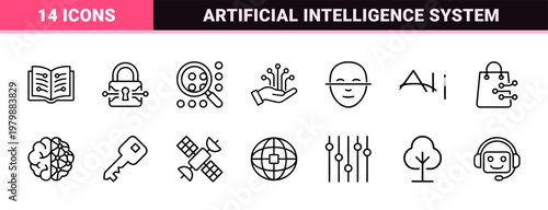 AI and machine learning technology line icons set for future innovation
