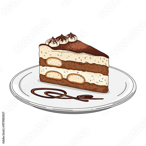 A delicious slice of tiramisu cake with cream layers and ladyfingers, dusted with cocoa and served on a white plate with chocolate drizzle.