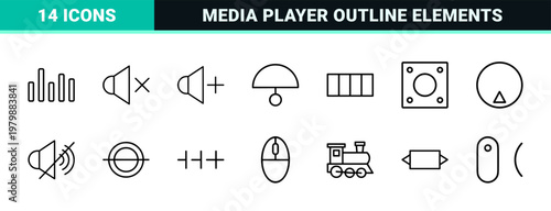 Minimalist audio and sound control interface outline icons for music apps