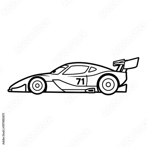 Black and white line art drawing of a modern sports race car with a large rear spoiler and the number 71 on its side, viewed from the side profile.