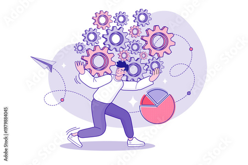 System integration and complex problem solving illustration. Ideal for operations management blogs, IT consulting websites, and corporate productivity marketing banners.