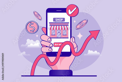 Mobile commerce and online store growth concept. Hand holding a smartphone with store app, rising arrow, and coins for digital sales and e-commerce optimization concepts.