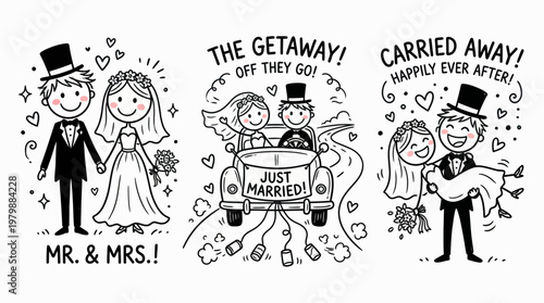 Cute Wedding Couple Doodle Illustration with Just Married Car Cartoon Set