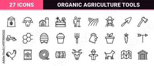 Organic farming and agriculture outline icon collection