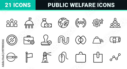 Social policy line icon set for public welfare and community service.