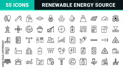 Sustainable energy and utility infrastructure line icons