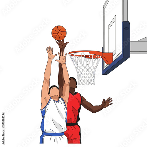 Basketball players jumping to score a slam dunk, action shot, sports illustration