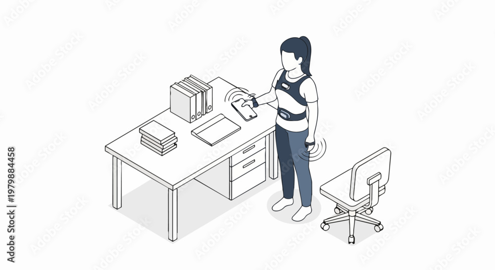 Fototapeta premium Isometric Woman Using Wearable Health Tracking Sensors and Smartphone at Office Desk for Motion Capture and Wellness Data Syncing Illustration