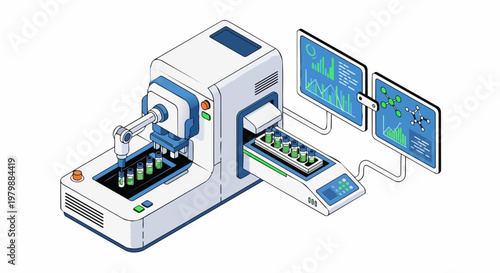Automated Laboratory Diagnostic Machine with Robotic Arm and Data Screens, Isometric Pharmaceutical Manufacturing Illustration