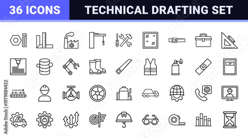 Professional engineering and industrial manufacturing line icons