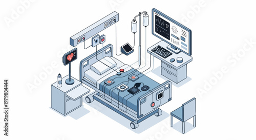Modern Isometric Hospital Bed and ICU Patient Monitoring Equipment Illustration with Heart Rate Monitor, IV Drip, and Medical Data Interface for Healthcare Concept