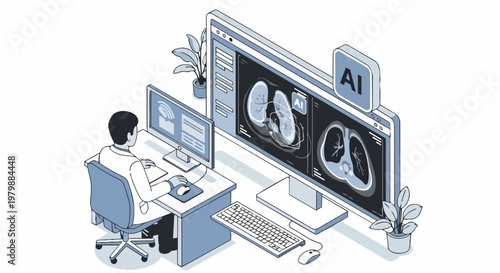 Isometric Doctor Analyzing Lung X-ray with Artificial Intelligence on Computer Screens in Modern Medical Clinic Radiology Lab