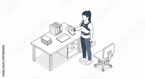Isometric Woman Using Wearable Health Tracking Sensors and Smartphone at Office Desk for Motion Capture and Wellness Data Syncing Illustration