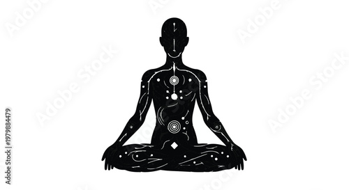 Meditator silhouette depicts the internal energy centers of the human body system.