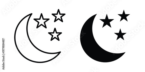 Night icon. Flat and outline icons. Black icons