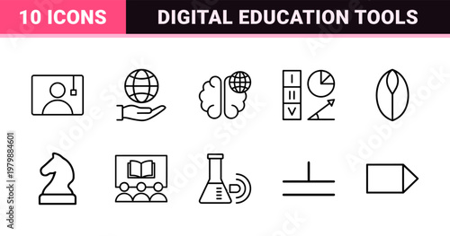 Minimalist e-learning line icons for online education and digital training.