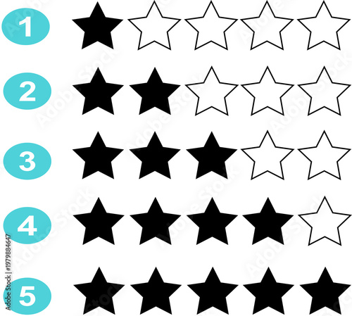 Ensemble d’étoiles d’évaluation noires – Système de notation 1 à 5 étoiles, avis client, icônes vectorielles
