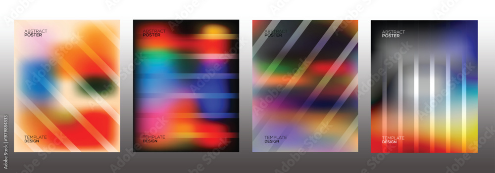 Fototapeta premium Set of abstract posters with blurred colorful backgrounds and geometric line patterns