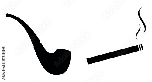 Black and white vector silhouette showing a smoking pipe on the left and a lit cigarette with smoke on the right. Minimalist design for graphic use.